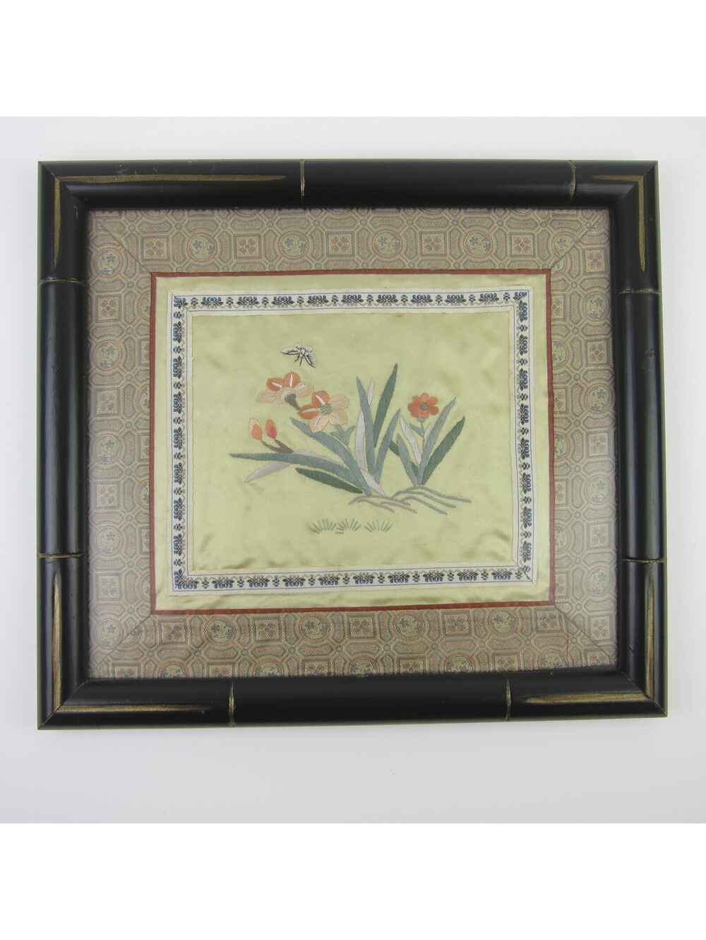 Vintage Chinese Silk Embroidery Flowers & Butterfly Panel Art Bamboo Style Frame